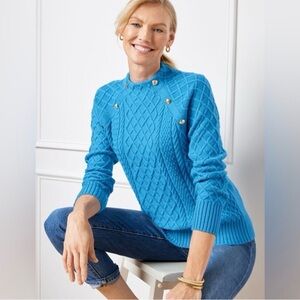 Talbots Cable Knit Sweater – Women’s XL – Blue with Gold Button Accents